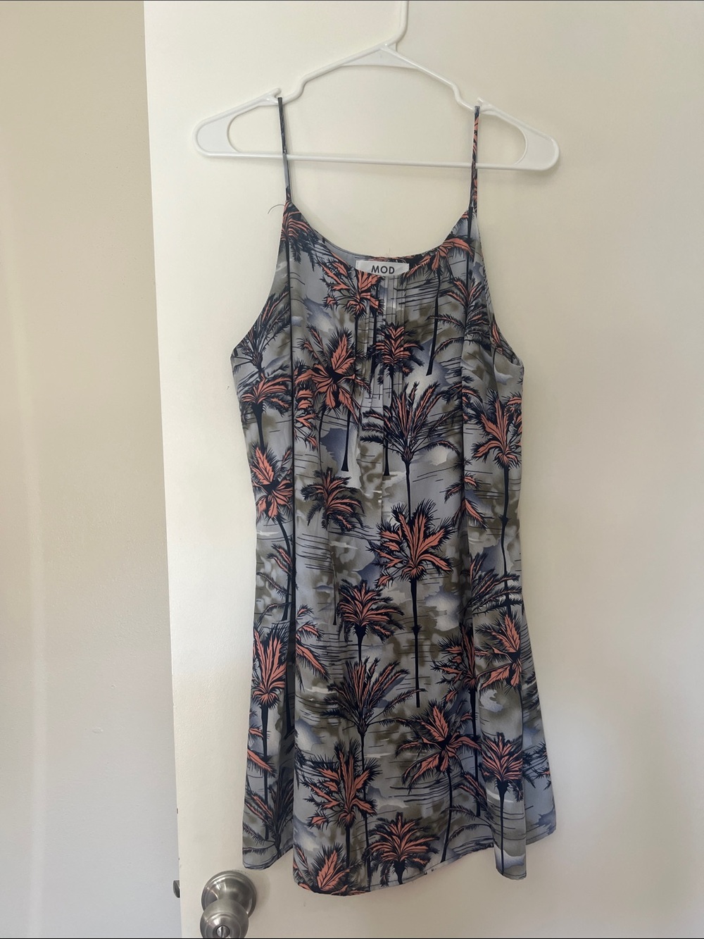 Palm-Print Spaghetti Strap Dress in Gray & Coral